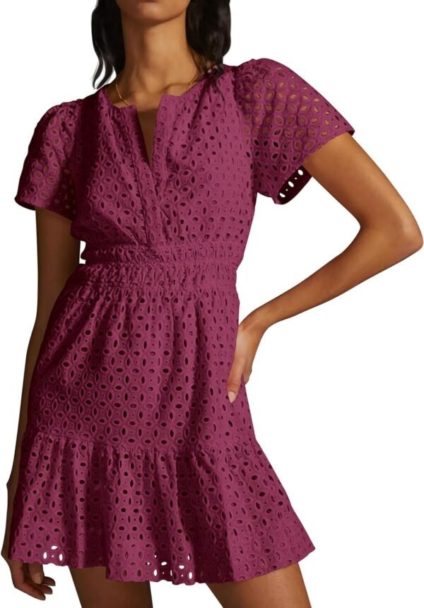 Connecteri  Womens 2024 Summer Short Dress V Neck Short Sleeve A Line Hollow Out Lace Ruffle Cute Casual Beach Party Dresses