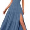 Connecteri  Women's Summer One Shoulder Sleeveless Knot Smocked Midi Dress Split Tiered Flowy Dresses