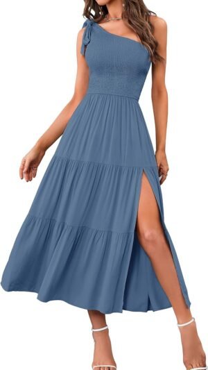 Connecteri  Women's Summer One Shoulder Sleeveless Knot Smocked Midi Dress Split Tiered Flowy Dresses