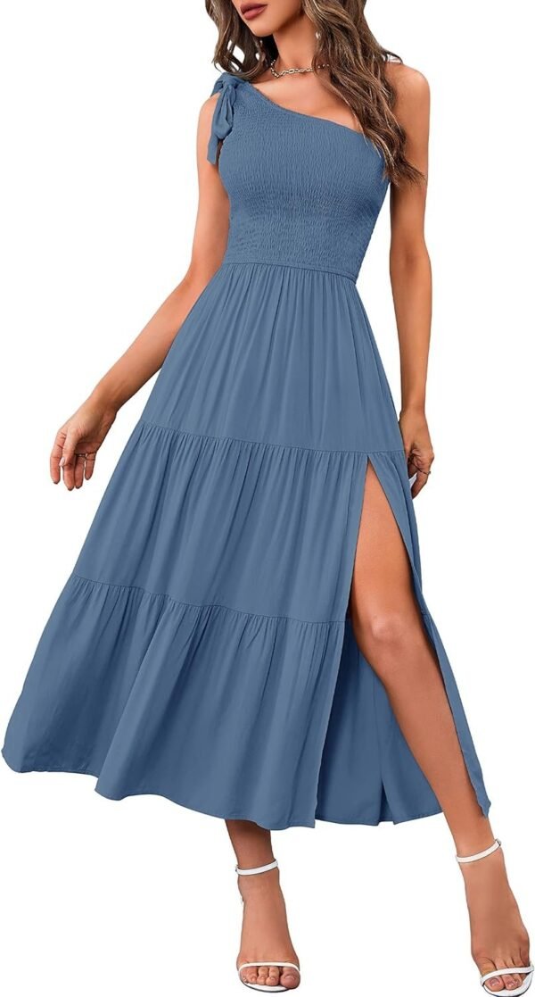 Connecteri  Women's Summer One Shoulder Sleeveless Knot Smocked Midi Dress Split Tiered Flowy Dresses