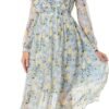 Connecteri  Women Floral Print V Neck Long Sleeves Ruffles Pleated Chiffon Flowy Swing Midi Dress