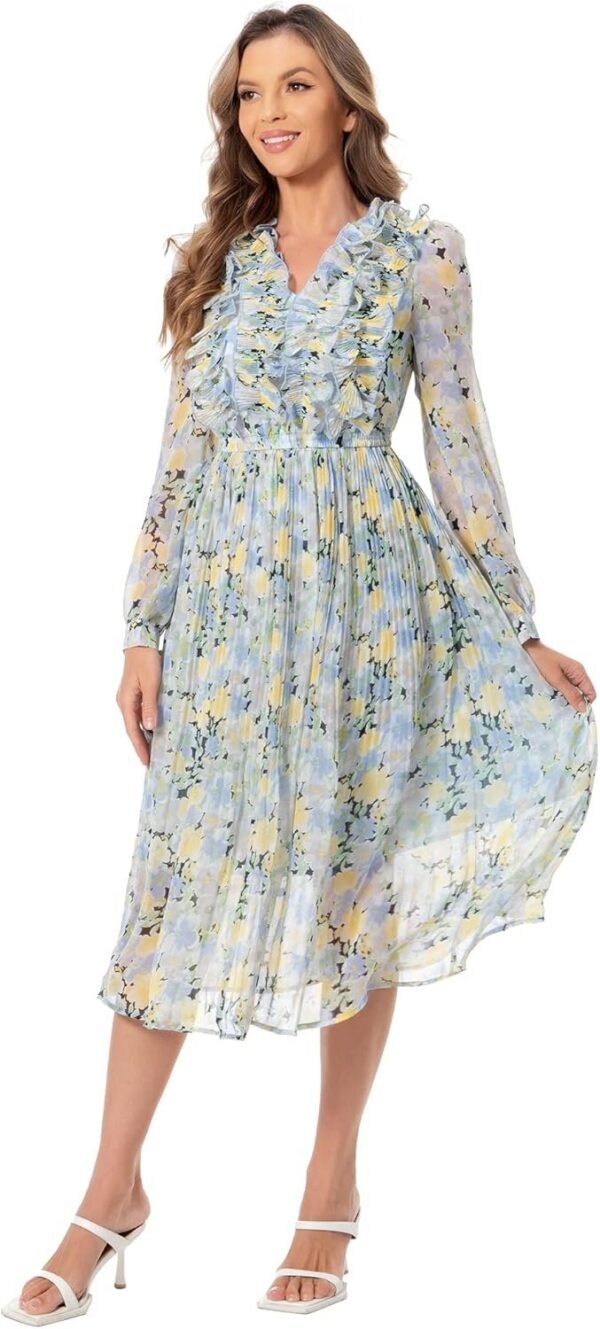Connecteri  Women Floral Print V Neck Long Sleeves Ruffles Pleated Chiffon Flowy Swing Midi Dress