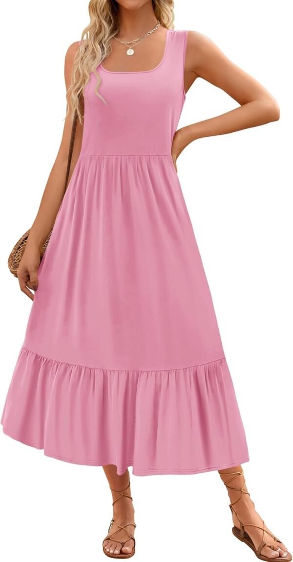 Connecteri Women's 2024 Summer Sleeveless Dress Square Neck Pleated Swing Casual Maxi Dresses with Pockets