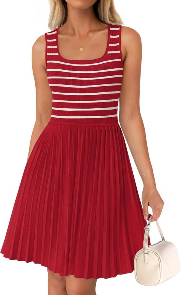Connecteri Women's Summer Sleeveless Mini Dress 2024 Square Neck Striped Knit A Line Pleated Tank Dresses