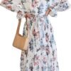 Connecteri  Women's Floral Midi Dress Puff Long Sleeve Casual Ruffle Chiffon A-Line Swing Pleated Belted Tea Party Dresses