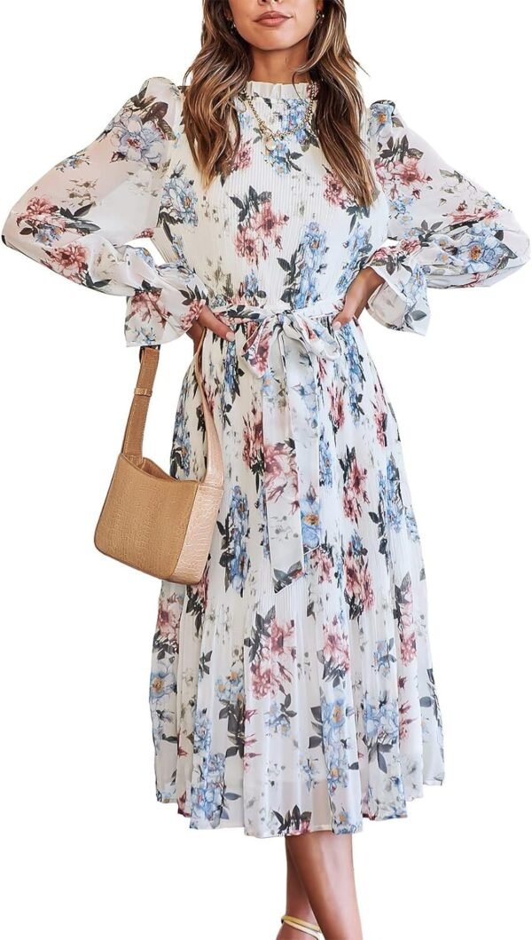 Connecteri  Women's Floral Midi Dress Puff Long Sleeve Casual Ruffle Chiffon A-Line Swing Pleated Belted Tea Party Dresses