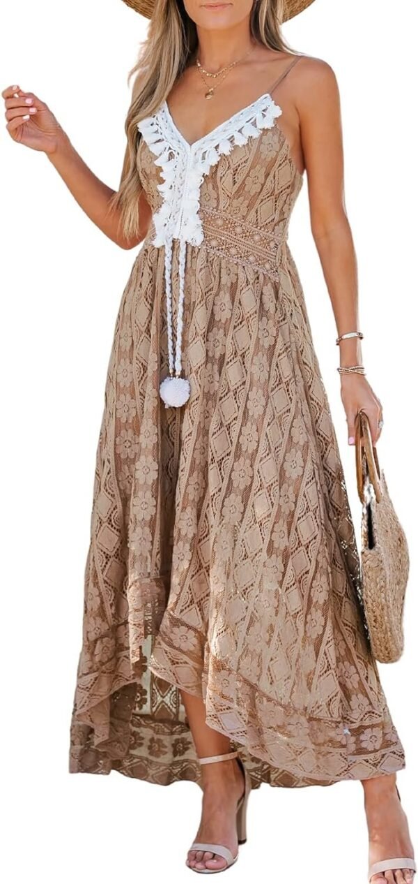 Connecteri  Women's Maxi Dress Lace Dresses Boho Tassel V-Neck Flare Ruffle Adjustable Straps Beach Summer Long Dress