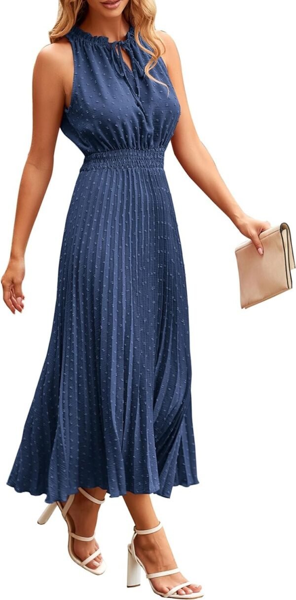 Connecteri?Womens Midi Summer V Neck Swiss Dot Ruffle Sleeveless A Line Beach Sun Dress