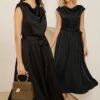 Connecteri  KARIN Women's 2024 Satin Midi Dress Summer Cap Sleeve Cowl Neck Belted Slit Elegant A-Line Flowy Dress with Pockets