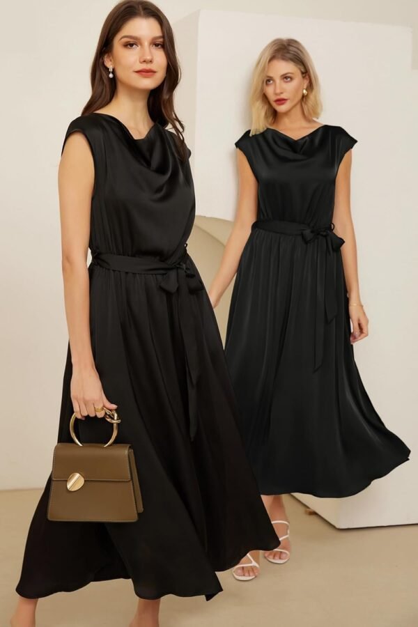 Connecteri  KARIN Women's 2024 Satin Midi Dress Summer Cap Sleeve Cowl Neck Belted Slit Elegant A-Line Flowy Dress with Pockets