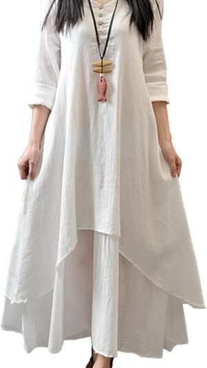 Connecteri  Women Long Sleeve Cotton Casual Loose Plus Size Irregular Long Dresses