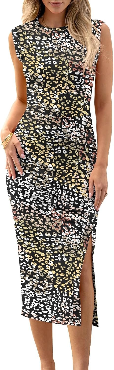 Connecteri  Womens Summer Sleeveless Bodycon Midi Dress Button Slit 2024 Fashion Casual Sundress Cocktail Party Dresses