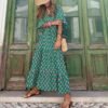 Connecteri  Womens Loose Fit Casual Summer V Neck Half Sleeve Bohemian Geometric Pattern Maxi Long Dresses