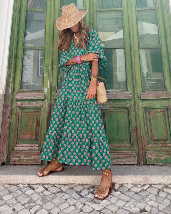 Connecteri  Womens Loose Fit Casual Summer V Neck Half Sleeve Bohemian Geometric Pattern Maxi Long Dresses