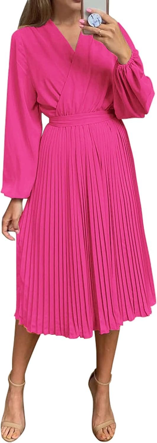 Connecteri  Womens V Neck Flowy Ruffle Pleated Casual Fall Dress