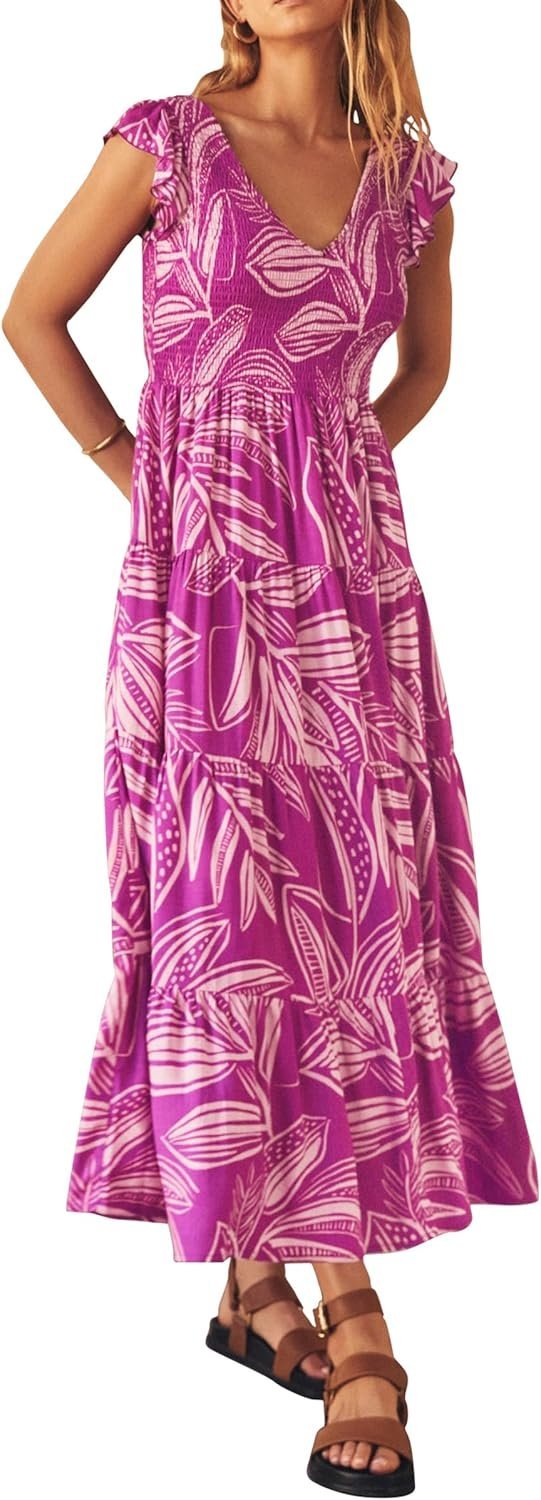 Connecteri  Womens Cap Sleeve V Neck Smocked Beach Sundress