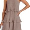 Connecteri Women's 2024 Summer Sleeveless Mini Dress Boho One Shoulder Ruffle Tiered Layered Chiffon Flowy A Line Dresses