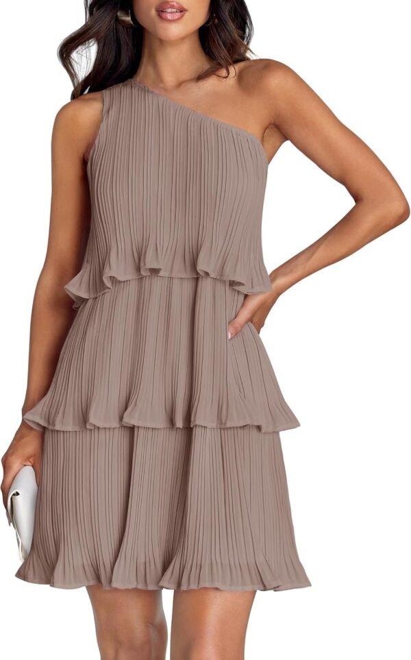 Connecteri Women's 2024 Summer Sleeveless Mini Dress Boho One Shoulder Ruffle Tiered Layered Chiffon Flowy A Line Dresses