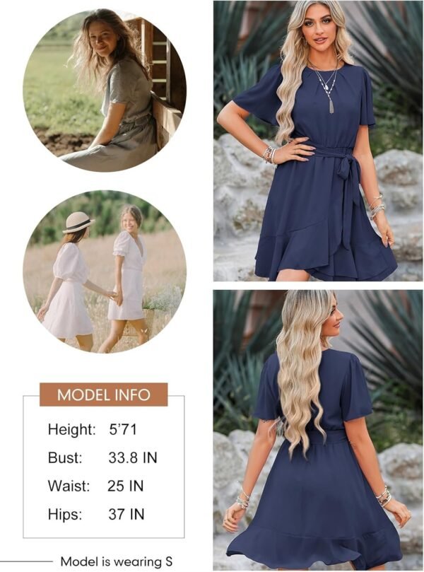 Connecteri  Womens Summer Dresses 2024 Crewneck Short Sleeve Waist Tie Ruffle Casual Chiffon A-Line Swing Mini Dress