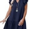 Connecteri  Womens Summer V-Neck Drawstring Ruffle Cap Short Sleeve Casual Shift Mini Dress with Pockets