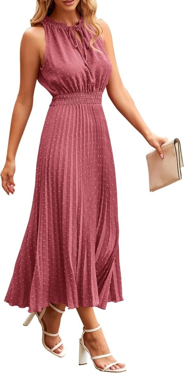 Connecteri?Womens Midi Summer V Neck Swiss Dot Ruffle Sleeveless A Line Beach Sun Dress