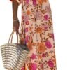 Connecteri  Womens Loose Fit Casual Summer V Neck Half Sleeve Bohemian Geometric Pattern Maxi Long Dresses