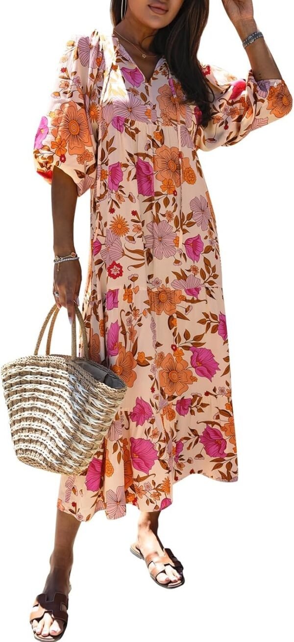 Connecteri  Womens Loose Fit Casual Summer V Neck Half Sleeve Bohemian Geometric Pattern Maxi Long Dresses