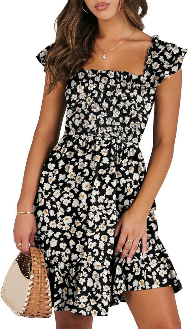 Connecteri  Womens Summer Casual Sleeveless Square Neck Smocked Ruffle Backless Boho Mini Dress 2024 Trendy Short Sundress