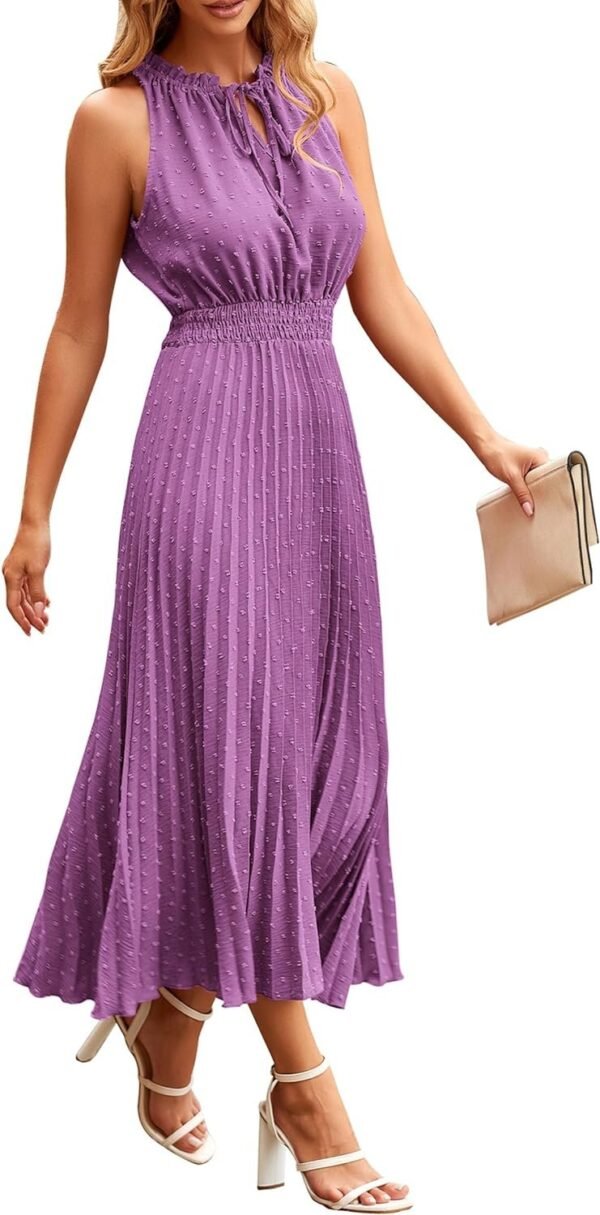 Connecteri?Womens Midi Summer V Neck Swiss Dot Ruffle Sleeveless A Line Beach Sun Dress