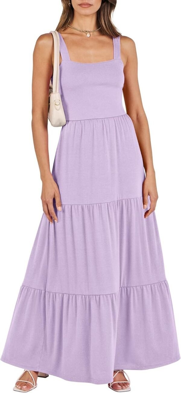 Connecteri  Women's Summer Casual Long Maxi Beach Vacation Dresses Sleeveless Square Neck Flowy Tiered Sun Dress with Pockets