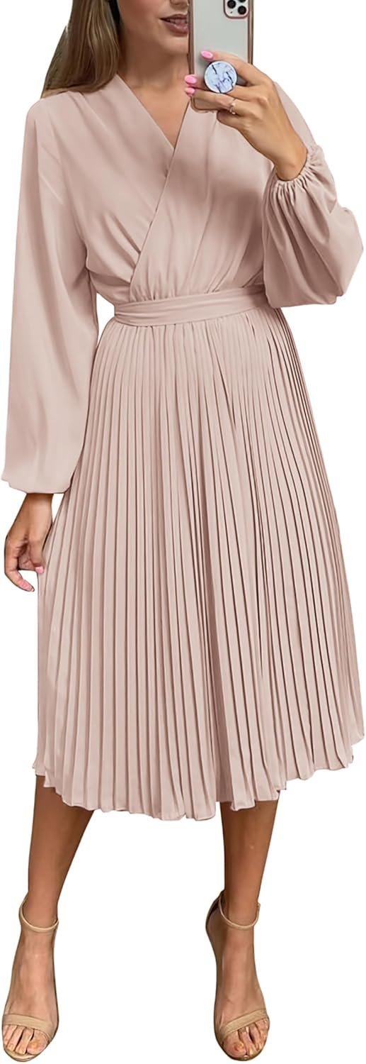 Connecteri  Womens V Neck Flowy Ruffle Pleated Casual Fall Dress