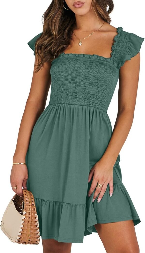 Connecteri  Womens Summer Casual Sleeveless Square Neck Smocked Ruffle Backless Boho Mini Dress 2024 Trendy Short Sundress