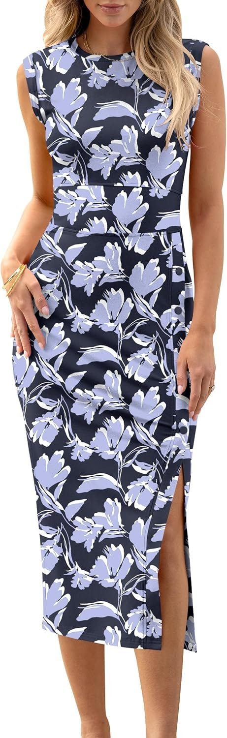 Connecteri  Womens Summer Sleeveless Bodycon Midi Dress Button Slit 2024 Fashion Casual Sundress Cocktail Party Dresses