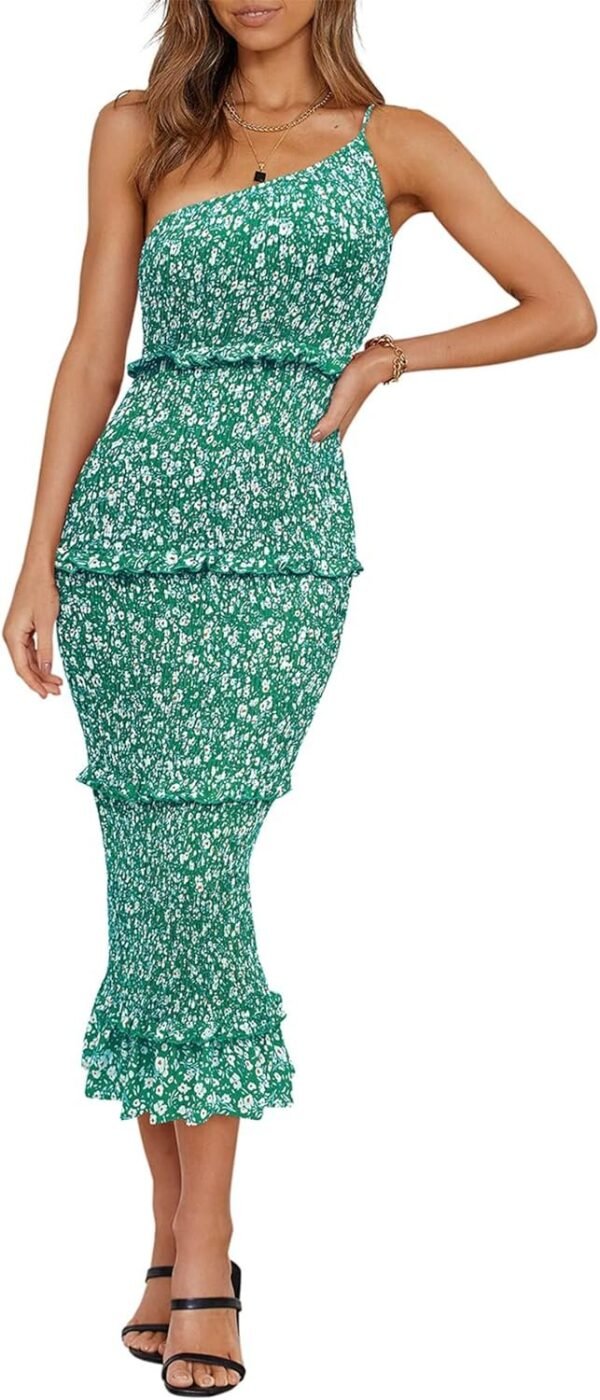 Connecteri  Womens Floral Summer One Shoulder Strappy Tiered Ruffle Midi Bodycon Dresses
