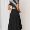 Connecteri Women's Casual Striped Midi Dress Crewneck Short Sleeve Button Ribbed Knit Swing Pleated A Line Dresses