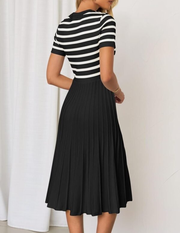 Connecteri Women's Casual Striped Midi Dress Crewneck Short Sleeve Button Ribbed Knit Swing Pleated A Line Dresses