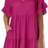 Connecteri  Women's 2024 Summer Trendy V Neck Ruffle Short Sleeve A Line Tiered Flowy Casual Mini Beach Dress with Pockets