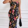 Connecteri Womens Sleeveless Strappy Ruffle Hem Smocked Bodycon Dress