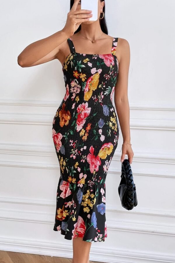 Connecteri Womens Sleeveless Strappy Ruffle Hem Smocked Bodycon Dress