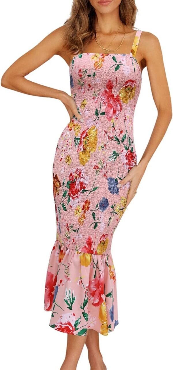 Connecteri Womens Sleeveless Strappy Ruffle Hem Smocked Bodycon Dress