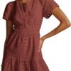 Connecteri  Womens 2024 Summer Short Dress V Neck Short Sleeve A Line Hollow Out Lace Ruffle Cute Casual Beach Party Dresses