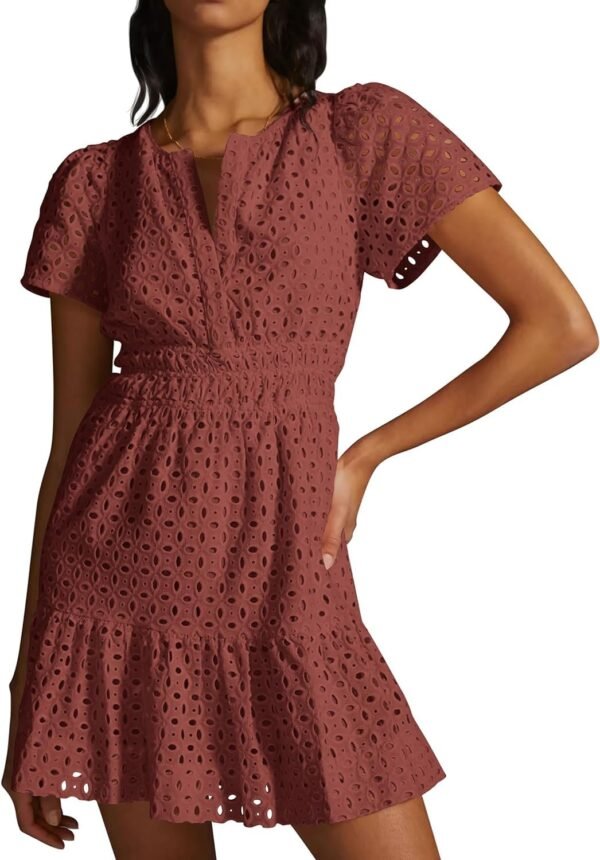 Connecteri  Womens 2024 Summer Short Dress V Neck Short Sleeve A Line Hollow Out Lace Ruffle Cute Casual Beach Party Dresses