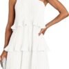 Connecteri Women's 2024 Summer Sleeveless Mini Dress Boho One Shoulder Ruffle Tiered Layered Chiffon Flowy A Line Dresses