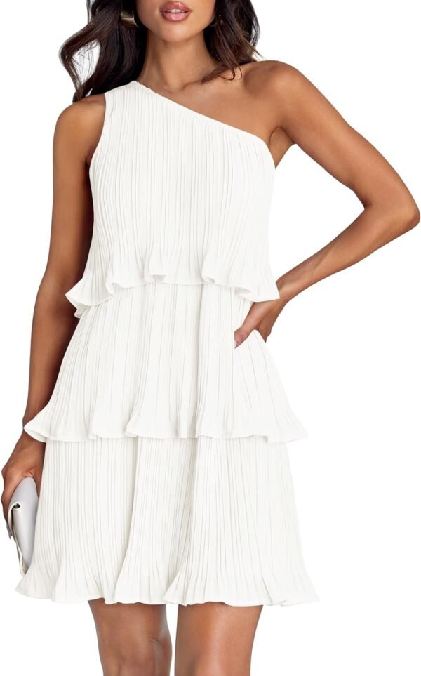 Connecteri Women's 2024 Summer Sleeveless Mini Dress Boho One Shoulder Ruffle Tiered Layered Chiffon Flowy A Line Dresses