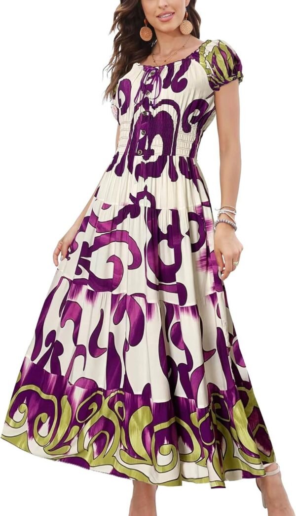 Connecteri  Women's 2024 Summer Short Sleeves Boho Floral Print Tiered Casual Flowy Long Maxi Dress