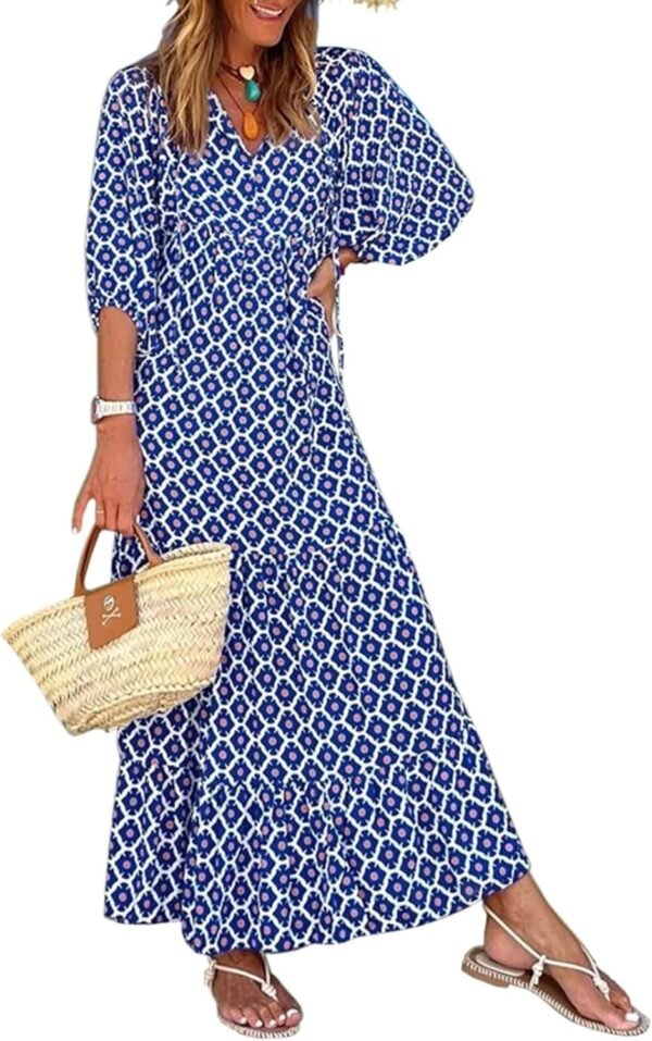 Connecteri  Womens Loose Fit Casual Summer V Neck Half Sleeve Bohemian Geometric Pattern Maxi Long Dresses