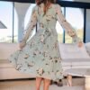 Connecteri  Women's Floral Midi Dress Puff Long Sleeve Casual Ruffle Chiffon A-Line Swing Pleated Belted Tea Party Dresses