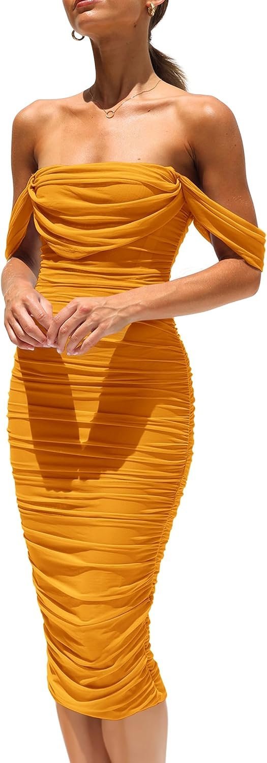 Connecteri?Womens Summer Off The Shoulder Ruched Bodycon Dresses Sleeveless Fitted Party Club Midi
