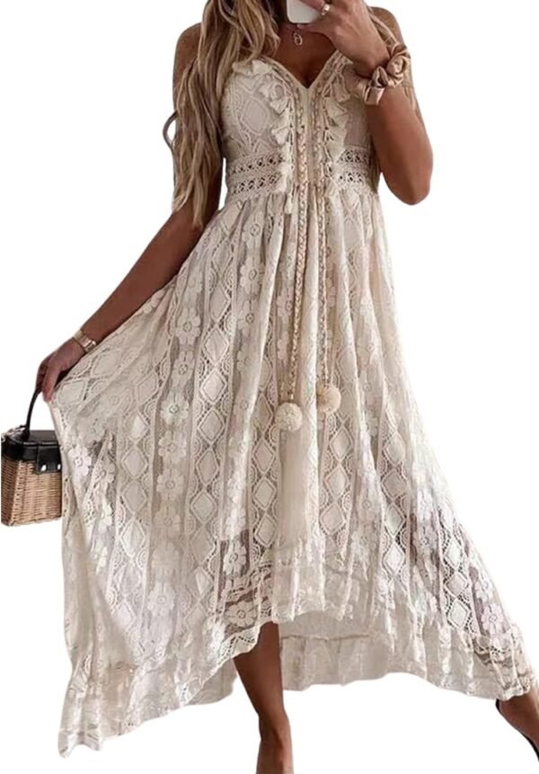 Connecteri  Women's Maxi Dress Lace Dresses Boho Tassel V-Neck Flare Ruffle Adjustable Straps Beach Summer Long Dress
