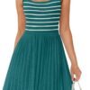 Connecteri Women's Summer Sleeveless Mini Dress 2024 Square Neck Striped Knit A Line Pleated Tank Dresses